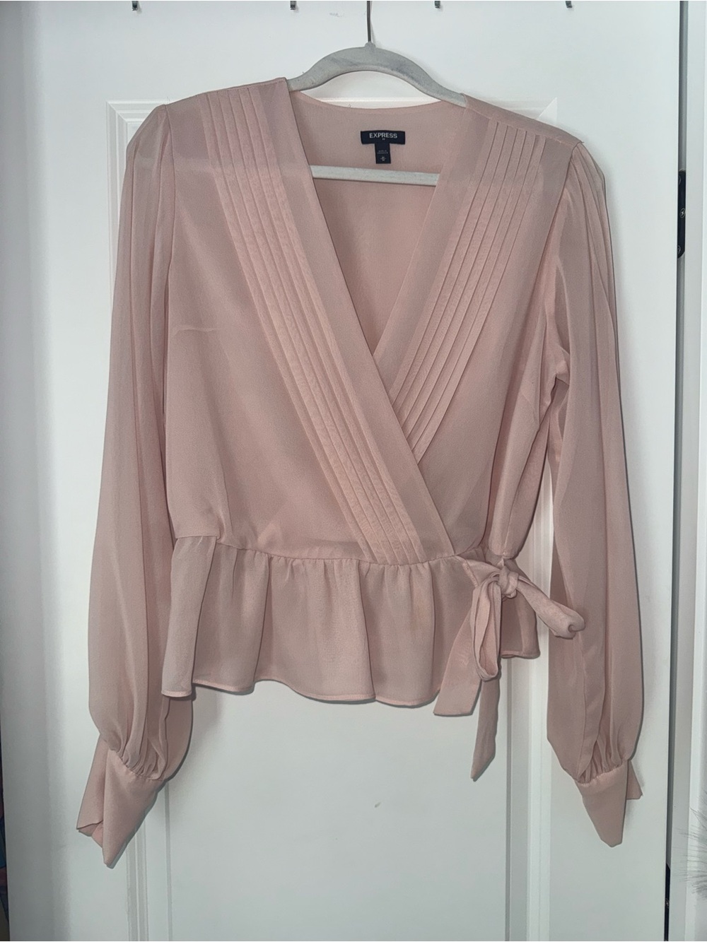 Express Blush Pink Sheer Peplum Wrap Blouse